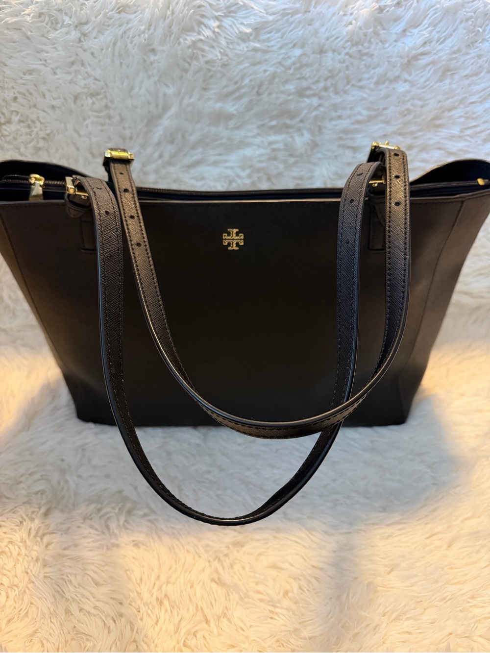 Tory Burch York Black Saffiano Leather Double-Strap Tote with Gold Logo